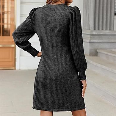 Women Crew Neck Puff Long Sleeve Casual Tunic Knitted Pullover Dresses with Pockets
