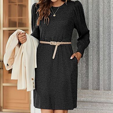 Women Crew Neck Puff Long Sleeve Casual Tunic Knitted Pullover Dresses with Pockets
