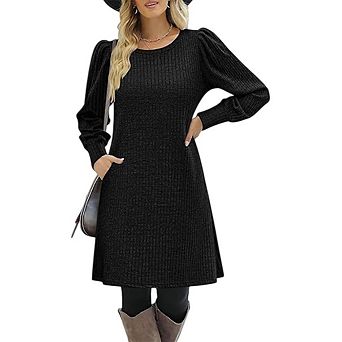Women Crew Neck Puff Long Sleeve Casual Tunic Knitted Pullover Dresses with Pockets