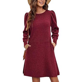 Women Crew Neck Puff Long Sleeve Casual Tunic Knitted Pullover Dresses with Pockets