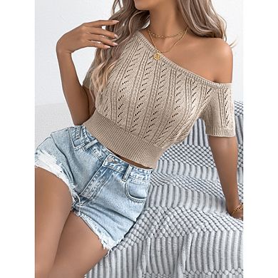 Women Cropped Crochet Top Off Shoulder Crochet Tops Short Sleeve Knitted Pullover