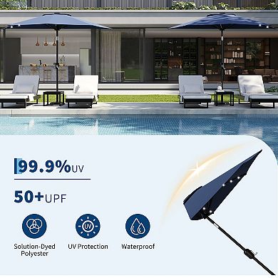 9FT Half Patio Umbrella with Solar LED Lights and Smooth Crank Lift Shade Canopy