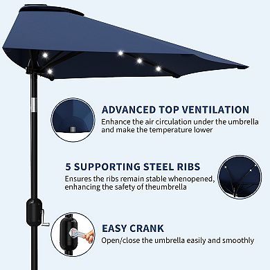 9FT Half Patio Umbrella with Solar LED Lights and Smooth Crank Lift Shade Canopy