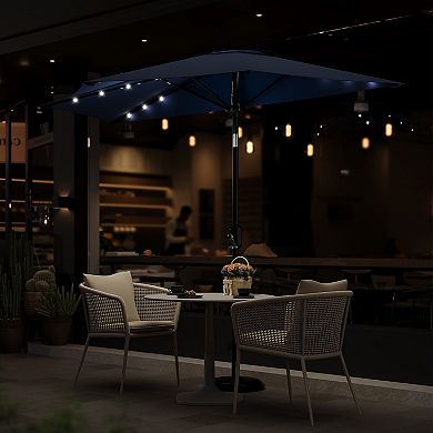 9FT Half Patio Umbrella with Solar LED Lights and Smooth Crank Lift Shade Canopy