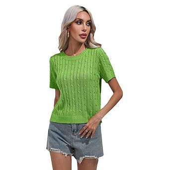 Women's Crew Neck Sweater Cable Knit Short Sleeve Fitted Top