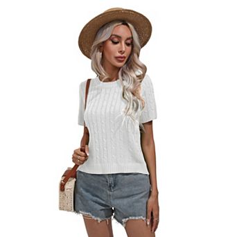 Women's Crew Neck Sweater Cable Knit Short Sleeve Fitted Top