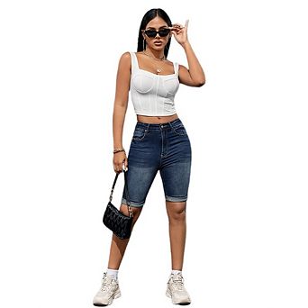 Jean Shorts for Women Mid Waisted Bermuda Denim Jean Shorts Stretchy Causal Summer Shorts