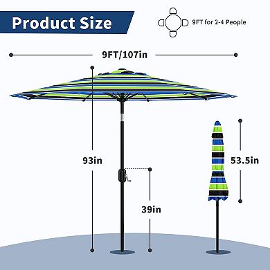 9FT Patio Umbrella Market Umbrella Table Umbrella with Push Button Tilt Crank 8 Ribs