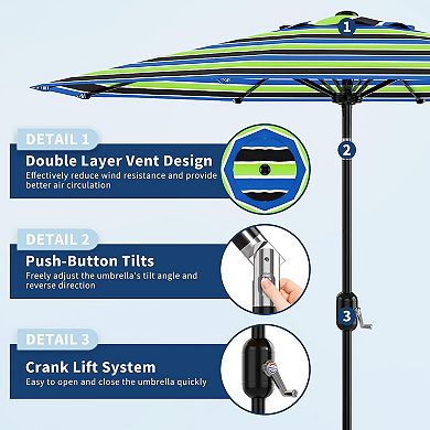 9FT Patio Umbrella Market Umbrella Table Umbrella with Push Button Tilt Crank 8 Ribs