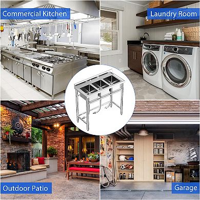 39x18x37 Inch Stainless Steel Sink 3 Compartment Kitchen Utility Sink with Hot and Cold Hoses