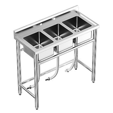 39x18x37 Inch Stainless Steel Sink 3 Compartment Kitchen Utility Sink with Hot and Cold Hoses