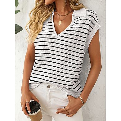 Women's Sweater Vest V-Neck Knitted Pullover Short Cap Sleeve Collared Tops