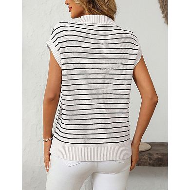 Women's Sweater Vest V-Neck Knitted Pullover Short Cap Sleeve Collared Tops
