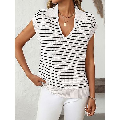 Women's Sweater Vest V-Neck Knitted Pullover Short Cap Sleeve Collared Tops