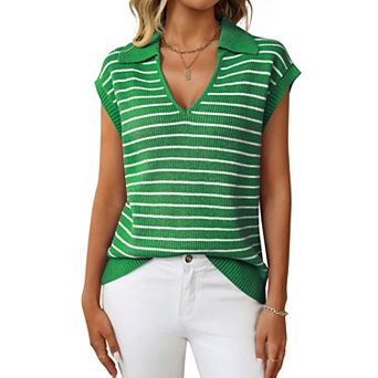 Women's Sweater Vest V-Neck Knitted Pullover Short Cap Sleeve Collared Tops