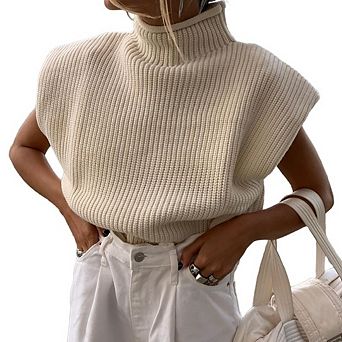 Women's Mock Neck Sleeveless Sweater Vest Casual Cap Sleeve Knit Pullover Tank Tops Clothes