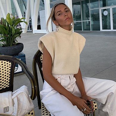 Women's Mock Neck Sleeveless Sweater Vest Casual Cap Sleeve Knit Pullover Tank Tops Clothes