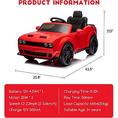 12V Kids Licensed Dodge Challenger Ride-On Car, Electric Vehicles with Remote, LED Lights, Bluetooth