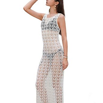 Women Crochet Maxi Swimsuit Cover-Up Sleeveless Lace Beach Dress with Open Back