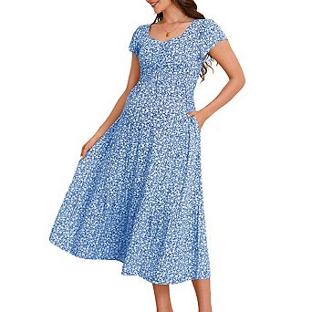 Maternity Sweetheart Neck Short Sleeve Midi Dress Floral Print Smocked Flowy Dress