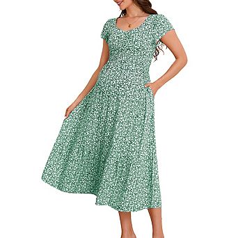 Maternity Sweetheart Neck Short Sleeve Midi Dress Floral Print Smocked Flowy Dress
