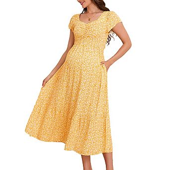 Maternity Sweetheart Neck Short Sleeve Midi Dress Floral Print Smocked Flowy Dress