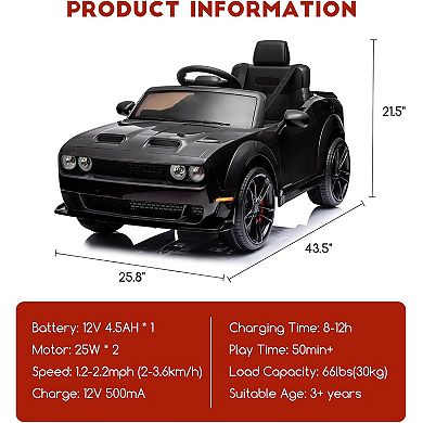12V Kids Licensed Dodge Challenger Ride-On Car, Electric Vehicles with Remote, LED Lights, Bluetooth