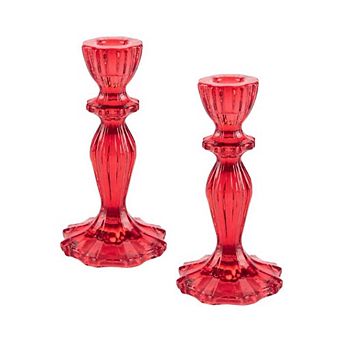 2 Red Wide Base Decorative Candlestick Holders