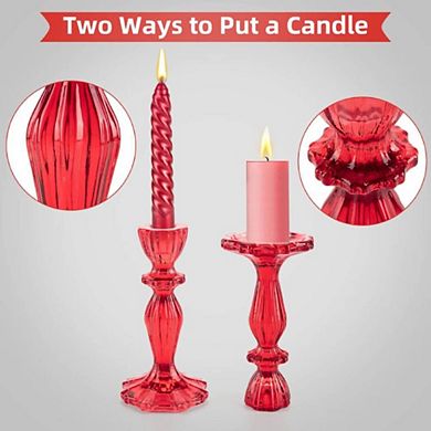 2 Red Wide Base Decorative Candlestick Holders
