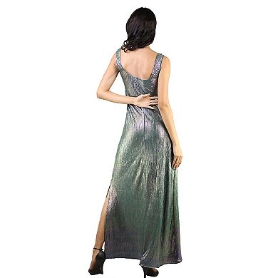 Artyska Metallic Pleated Sleeveless Maxi Dress with Side Slit