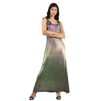 Artyska Metallic Pleated Sleeveless Maxi Dress with Side Slit