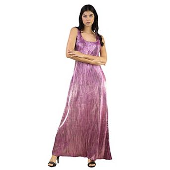 Artyska Metallic Pleated Sleeveless Maxi Dress with Side Slit