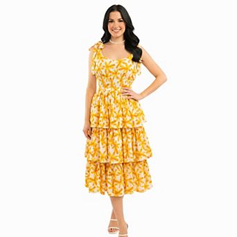 Artyska Women’s Floral Tiered Midi Dress with Bow-Tied Sleeves