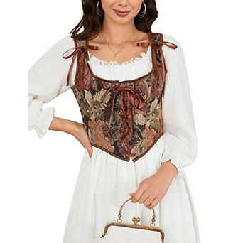 Women's Vintage Floral Corset Lace-Up Fishbone Print Vest Renaissance Costume Top