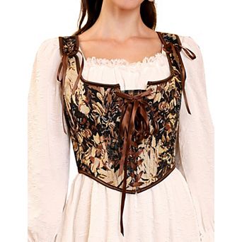 Women's Vintage Floral Corset Lace-Up Fishbone Print Vest Renaissance Costume Top