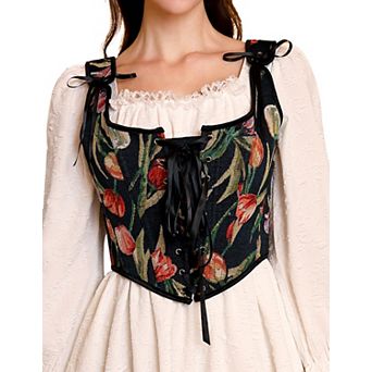 Women's Vintage Floral Corset Lace-Up Fishbone Print Vest Renaissance Costume Top