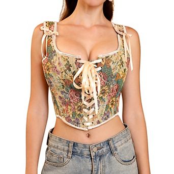 Women's Vintage Floral Corset Lace-Up Fishbone Print Vest Renaissance Costume Top