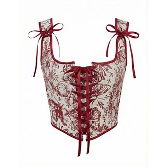 Women's Vintage Floral Corset Lace-Up Fishbone Print Vest Renaissance Costume Top