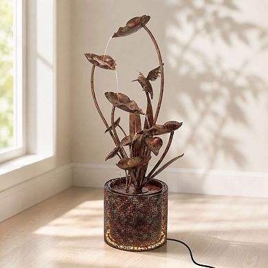 Melrose Cascading Iron Hummingbird & Leaf Fountain Outdoor Decor