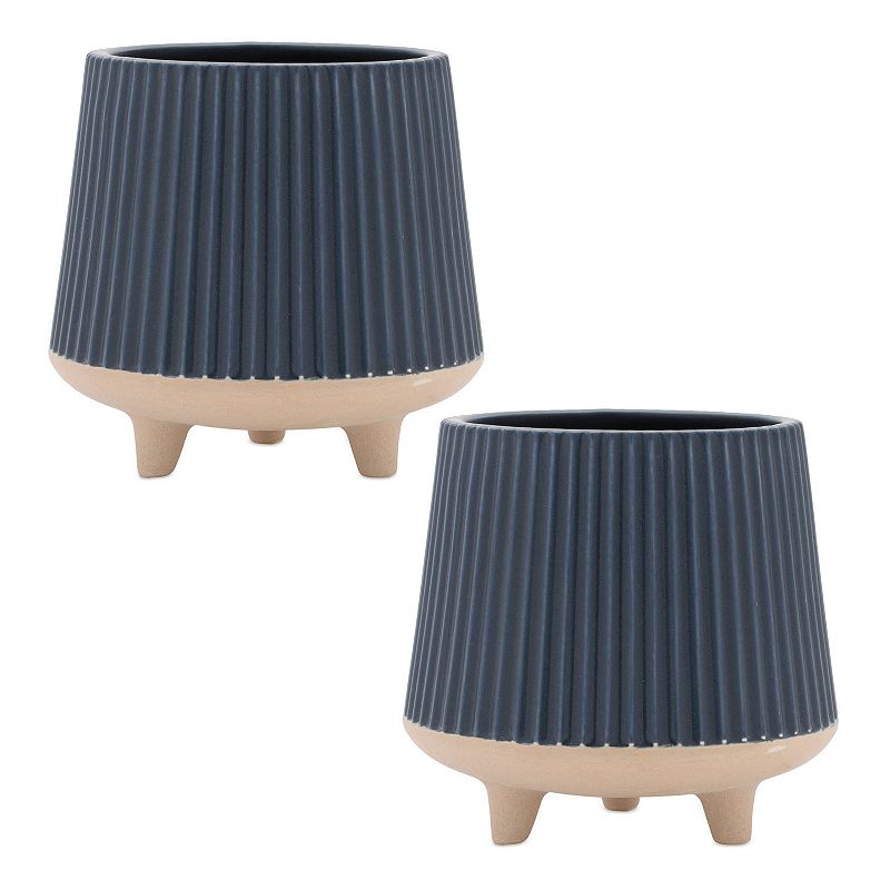 Melrose 2-Piece Footed Ceramic Ribbed Planter Set, Multi