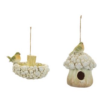 Melrose 2 pc Cauliflower Birdhouse & Hanging Birdbath Outdoor Decor Set