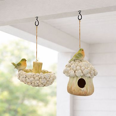 Melrose 2-Piece Cauliflower Birdhouse & Hanging Birdbath Outdoor Decor Set