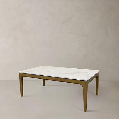 47" White and Natural Faux Marble and Solid Wood Coffee Table