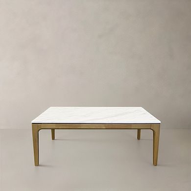 47" White and Natural Faux Marble and Solid Wood Coffee Table