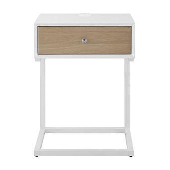 25" White and Natural Wood and Steel End Table With Drawer And USB Port
