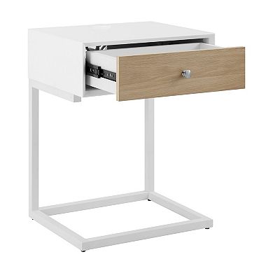 25" White and Natural Wood and Steel End Table With Drawer And USB Port