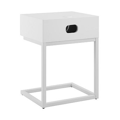 25" White and Natural Wood and Steel End Table With Drawer And USB Port