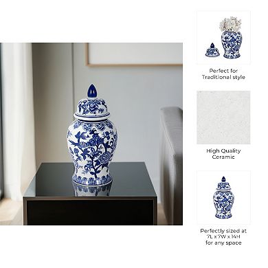 Elegant Ceramic Chinoiserie Jar with Lid - 14", Blue