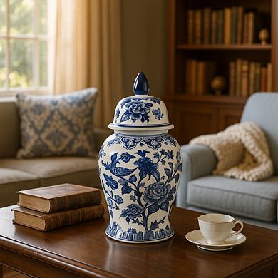 Elegant Ceramic Chinoiserie Jar with Lid - 14", Blue