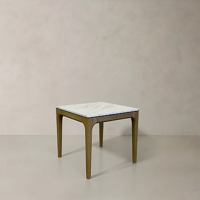 22" White and Natural Faux Marble and Wood Square End Table
